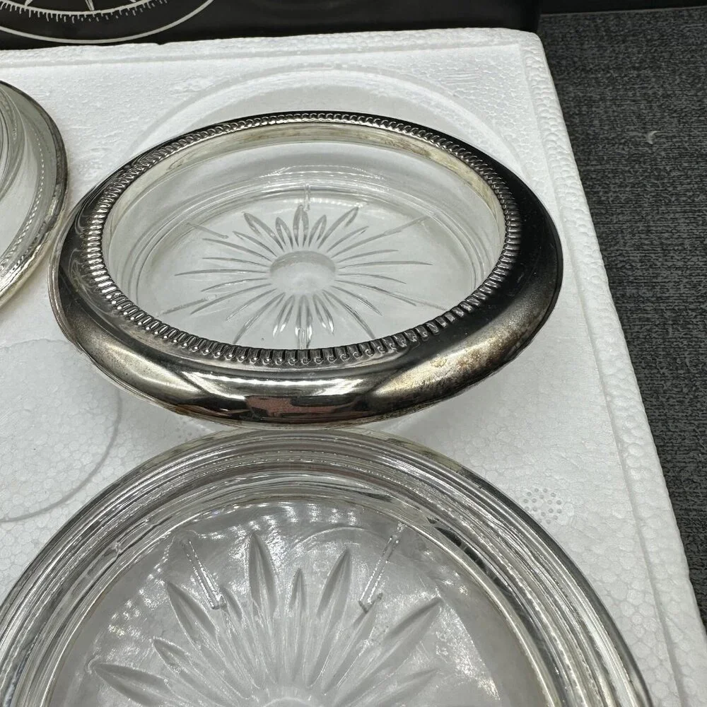 Vtg Godinger Silver Plated Crystal Coasters Starburst Pattern Italy NOS Boxed
